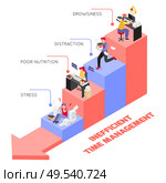 Deadline isometric composition with infographic images showing inefficient time management with text captions and human characters vector illustration. Стоковая иллюстрация, агентство Ingram Publishing / Фотобанк Лори