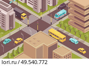 Road city isometric scenery with birds eye view of signalized intersection with cars and modern buildings vector illustration. Стоковая иллюстрация, агентство Ingram Publishing / Фотобанк Лори