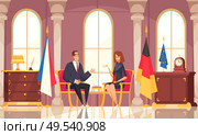 Presidential coffee conversation flat composition with office interior negotiations with foreign diplomatic representative state flags vector illustration. Стоковая иллюстрация, агентство Ingram Publishing / Фотобанк Лори