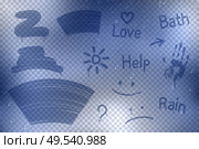 Wiped misted glass set on transparent background with words and curves with sun and heart signs vector illustration. Стоковая иллюстрация, агентство Ingram Publishing / Фотобанк Лори