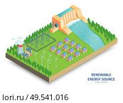 Isometric green energy composition with view of power infrastructure with hydroelectric generating station and wind turbines vector illustration. Стоковая иллюстрация, агентство Ingram Publishing / Фотобанк Лори