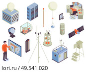 Isometric meteorological center set with isolated images pieces of weather observing electronic equipment with human characters vector illustration. Стоковая иллюстрация, агентство Ingram Publishing / Фотобанк Лори
