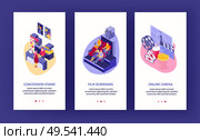 Isometric set of three vertical cinema banners with auditorium concession stand and online movie theater 3d isolated vector illustration. Стоковая иллюстрация, агентство Ingram Publishing / Фотобанк Лори