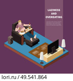Overweight lazy man suffering from gluttony eating and drinking in front of tv 3d isometric vector illustration. Стоковая иллюстрация, агентство Ingram Publishing / Фотобанк Лори