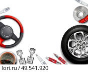Car parts background with realistic images of alloy disks steering wheel shock absorbers with empty space vector illustration. Стоковая иллюстрация, агентство Ingram Publishing / Фотобанк Лори
