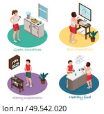 Spirulina isometric 4x1 set of compositions with editable text and people using cyanobacteria containing products vector illustration. Стоковая иллюстрация, агентство Ingram Publishing / Фотобанк Лори