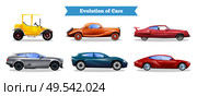 Evolution of cars set with colorful vintage and modern automobiles isolated on white background flat vector illustration. Стоковая иллюстрация, агентство Ingram Publishing / Фотобанк Лори
