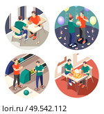 True male friendship 4x1 isometric icons set with men celebrating holidays eating playing 3d isolated vector illustration. Стоковая иллюстрация, агентство Ingram Publishing / Фотобанк Лори