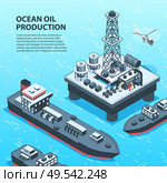 Isometric oil petroleum industry background with outdoor view of off-shore petrol production units and text vector illustration. Стоковая иллюстрация, агентство Ingram Publishing / Фотобанк Лори