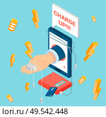 Colorful isometric composition with electronic gadgets and human hand holding charger 3d vector illustration. Стоковая иллюстрация, агентство Ingram Publishing / Фотобанк Лори
