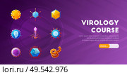 Online introductory virology course horizontal web landing page banner with colorful viruses icons purple background vector illustration. Стоковая иллюстрация, агентство Ingram Publishing / Фотобанк Лори