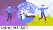 Ophthalmology clinic concept flat background with doodle style human characters giving up glasses after vision correction vector illustration. Стоковая иллюстрация, агентство Ingram Publishing / Фотобанк Лори