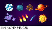 Planets comets and asteroids colored cartoon set isolated on dark background vector illustration. Стоковая иллюстрация, агентство Ingram Publishing / Фотобанк Лори