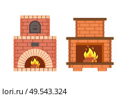Fireplace made of bricks, redbrick furniture isolated icons set vector. Stove with metal doors burning logs, heating system of home, warming up in winter. Fireplace Made of Bricks, Redbrick Furniture Set. Стоковая иллюстрация, агентство Ingram Publishing / Фотобанк Лори