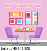 Fast food restaurant vector, interior of cafe. Table with burger and cheeseburger, french fries fried potato and soda in plastic mug, unhealthy meal. Cafe Restaurant Interior, Table with Fast Food. Стоковая иллюстрация, агентство Ingram Publishing / Фотобанк Лори