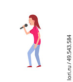 Woman in casual clothes singing song with microphone. Flat character, solo concert, side view of standing artist, musical performance of girl vector. Woman Solo Concert, Side View of Artist Vector. Стоковая иллюстрация, агентство Ingram Publishing / Фотобанк Лори