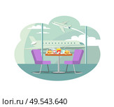 Bistro cafe at airport vector, table with served food. Plane flights nutrition at waiting room, burger soda in plastic cup with straw. Fastfood restaurant. Bistro Cafe at Airport, Table with Served Food. Стоковая иллюстрация, агентство Ingram Publishing / Фотобанк Лори