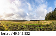 Rural panorama landscape in the morning with muddy fields surrounded by trees under a blue sky in the fall. Стоковое фото, агентство Ingram Publishing / Фотобанк Лори