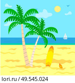 Summer holidays by sea vector, plage with hot sand. Sunshine of warm day, green palm tree with foliage, surfing board and sailing boat on water surface. Summer Vacation by Seaside, Seascape and Warmth. Стоковая иллюстрация, агентство Ingram Publishing / Фотобанк Лори