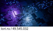 Futuristic microchip technology concept with glowing lines, high tech electronic hardware powering digital data networks, modern innovation for business industry. 3d illustration. Стоковая иллюстрация, иллюстратор Павел Муравьев / Фотобанк Лори