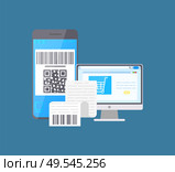 Bar code on mobile phone and laptop monitor screen vector. Devices with qr and receipt bill with info about purchase, shopping cart trolley on computer. Bar Code on Mobile Phone and Laptop Shopping Bill. Стоковая иллюстрация, агентство Ingram Publishing / Фотобанк Лори