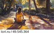 A painting depicting a woman in a seated position on the ground. Стоковое AI-изображение, AI-художник Данила Большаков / Фотобанк Лори
