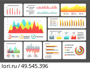 Visualization of data vector, set of infographics and infocharts. Information in visual form tables with statistics colored, pie diagram with explanations. Infographics Schemes, Information in Visual Form. Стоковая иллюстрация, агентство Ingram Publishing / Фотобанк Лори