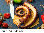 Grilled octopus with roasted vegetables.Traditional mediterranean dish. Grilled octopus on cheese waffle. Стоковое фото, агентство Ingram Publishing / Фотобанк Лори