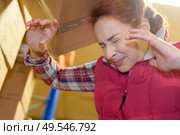 female worker hitting her head by accident into shelf. Стоковое фото, агентство Ingram Publishing / Фотобанк Лори