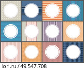 Set of poster with round frame spare place for text isolated on striped, dotted and waves background. Vector greeting card templates, ornamental circled napkins. Set of Poster Round Frame, Spare Place For Text. Стоковая иллюстрация, агентство Ingram Publishing / Фотобанк Лори