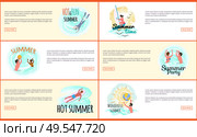 Wonderful summer vector, people relaxing by seaside. Man and woman swimming in sea water, scuba diving male and windsurfing female. Windsurfer web. Wonderful Summer Man and Woman by Seaside Web. Стоковая иллюстрация, агентство Ingram Publishing / Фотобанк Лори