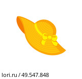 Yellow beach hat decorated by ribbon and bow, headgear for women. Bright headdress in flat style, element for decoration, summer straw hat vector. Bright Headdress in Flat Style, Beach Hat Vector. Стоковая иллюстрация, агентство Ingram Publishing / Фотобанк Лори