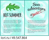 Hot summer vector, crocodile inflatable toy on water and hot adventures summertime. Woman wearing scuba diving equipment, person snorkeling hobby. Hot Summer and Hot Adventures Text Posters Set. Стоковая иллюстрация, агентство Ingram Publishing / Фотобанк Лори