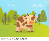Spotted cow standing on green grass vector cartoon animal on background of green trees. Vector beef in spring forest, cute childish kine neat outdoors. Spotted Cow Standing on Green Grass Vector Animal. Стоковая иллюстрация, агентство Ingram Publishing / Фотобанк Лори