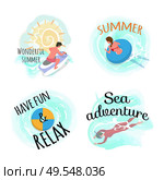 Sweet summer vector, have fun and relax set of people. Man riding bike, motor jetski water splashes. Woman on lifebuoy, swimming lady underwater swimmer. Have Fun and Relax, Sea Adventures Summer Set. Стоковая иллюстрация, агентство Ingram Publishing / Фотобанк Лори