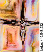 Shards of Belief. Cross of Stained Glass series. Graphic composition of organic church window color pattern  for subject of fragmented unity of Crucifixion of Christ and Nature. Стоковое фото, агентство Ingram Publishing / Фотобанк Лори