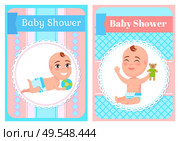 Baby shower posters set, six or seven month infant lying and playing with ball. Toddler sit and play with teddy bear. First year of child, daily activities. Baby Shower Posters Set Six or Seven Month Infants. Стоковая иллюстрация, агентство Ingram Publishing / Фотобанк Лори
