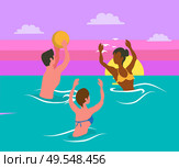 Man tossing big colorful ball, women catching it, water sport activity. Portrait and back view of friends wearing swimsuit, splashing in sea vector volleyball. People Splashing in Sea, Playing Volleyball Vector. Стоковая иллюстрация, агентство Ingram Publishing / Фотобанк Лори