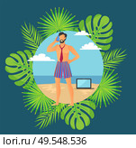 Freelancer or businessman standing on sand framed by palm tree tropical leaves. Round boarder with male in tie and shorts speaking phone on seaside vector. Round Boarder with Freelancer on Beach Vector. Стоковая иллюстрация, агентство Ingram Publishing / Фотобанк Лори