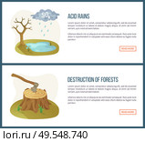 Destruction of forests vector, deforestation and acid rain, harmful liquid, lake and tree without leaves. Ax environmental problems info. Website or webpage template flat style. Concept for Earth day. Destruction of Forests, Acid Rains Website Set. Стоковая иллюстрация, агентство Ingram Publishing / Фотобанк Лори