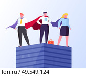 Heroes in business vector, man and woman wearing formal suit and cloaks flat style. Businessman and businesswoman standing on tall pedestal isolated. Business Heroes Man and Woman Standing on Top. Стоковая иллюстрация, агентство Ingram Publishing / Фотобанк Лори