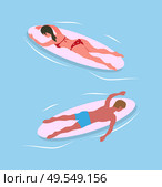 Man and woman swimming on surfboards in blue sea waters. Vector surfboarders relaxing on vacation, sunbathing in ocean on board, extreme sport. Man and Woman Swimming on Surfboards in Blue Sea. Стоковая иллюстрация, агентство Ingram Publishing / Фотобанк Лори