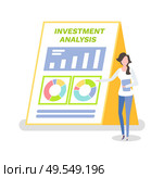 Investment analysis vector, person working on collecting results and information on advantages of investors. Woman presenting business concept idea. Investment Analysis Woman with Clipboard Info. Стоковая иллюстрация, агентство Ingram Publishing / Фотобанк Лори