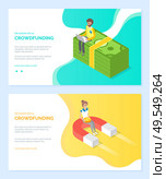 Strategy of attracting money, work with wireless pc. Man using laptop, woman holding coin, magnet and cash, crowdfunding online, marketing vector. Website or webpage template, landing page flat style. Crowdfunding Online, Attracting Money Web Vector. Стоковая иллюстрация, агентство Ingram Publishing / Фотобанк Лори