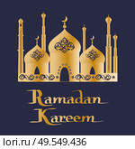 Ramadan Kareem greeting card design of Mosque, place of worship for Muslims with arabic ornaments on elaborate domes, prayer halls vector poster. Ramadan Kareem Postcard with Mosque, Worship Place. Стоковая иллюстрация, агентство Ingram Publishing / Фотобанк Лори