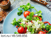 Green buckwheat vegetable salad with celery stalks, microgreens and spinach.Salad with vegetables and greens. Vitamin vegetable salad. Стоковое фото, агентство Ingram Publishing / Фотобанк Лори