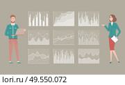 Charts representation of stats and info, woman and man with laptop programing and presenting infocharts, secretary lady with papers documents and info. Woman and Man Working in Team, Teamwork and Charts. Стоковая иллюстрация, агентство Ingram Publishing / Фотобанк Лори
