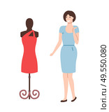 Mannequin with red dress and pretty woman going to by new apparel. Vector dummy with fashionable modern gown and lady in blue isolated, cartoon style. Mannequin with Red Dress and Pretty Woman Vector. Стоковая иллюстрация, агентство Ingram Publishing / Фотобанк Лори