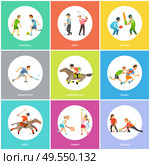 Sport training people, poster set football, golf and cricket, horse racing, badminton and rugby, polo and tennis, curling round icon, sporty man and woman vector. Sports Icons, Sporty Man and Woman, Skills Vector. Стоковая иллюстрация, агентство Ingram Publishing / Фотобанк Лори