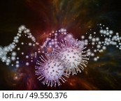 Coronavirus Reality. Viral Epidemic series. 3D Illustration of  Coronavirus particles and micro space elements to complement designs on the subject of virus, epidemic, infection, disease and health. Стоковое фото, агентство Ingram Publishing / Фотобанк Лори